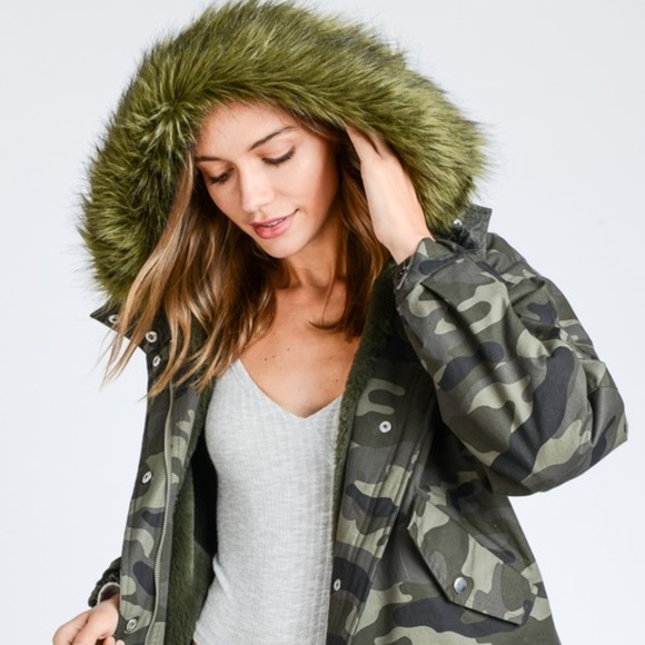WOMEN'S CAMO PARKA JACKET WITH FAUX FUR HOODIE - Picture 3 of 8
